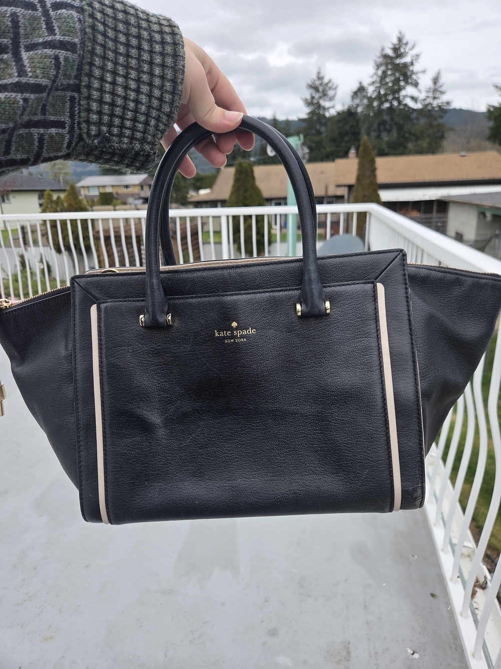kate spade New York Black Leather Satchel with Cream Trim